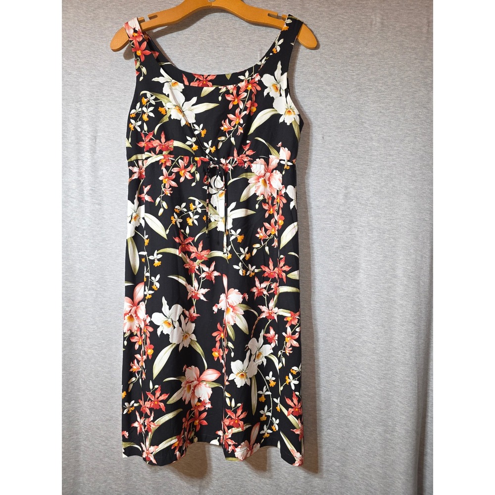 Puanani by RJC Hawaiian Dress Womens Small Black Floral Rayon Empire Waist W113